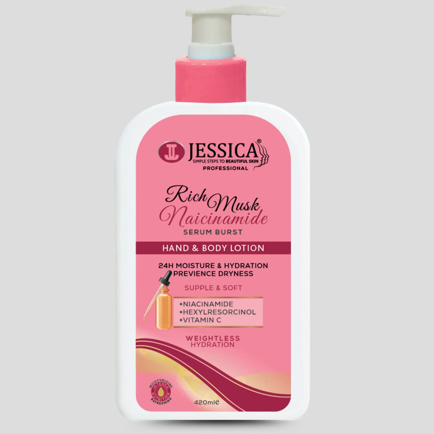 Jessica Rich Musk Niacinamide Serum Burst Hand & Body Lotion - 420ml | Premium Skincare & Beauty Products in Pakistan