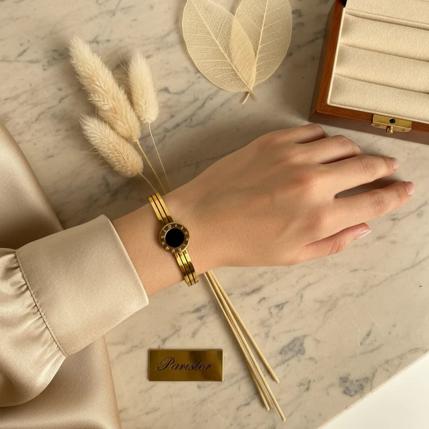 Roman Dial Black Enamel Gold Bangle