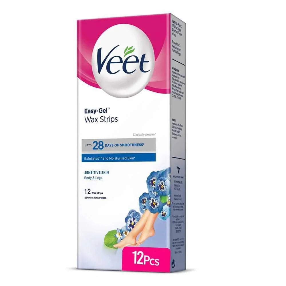 Veet Easy-Gel Wax Strips for Sensitive Skin – Body & Legs – 12 Pcs