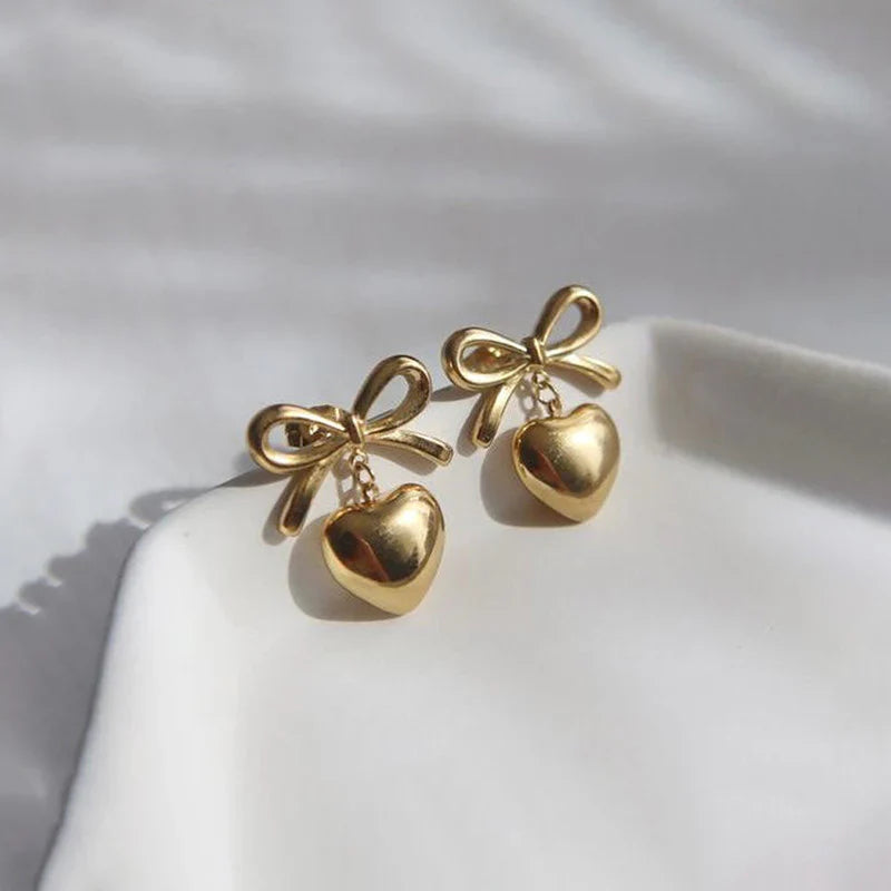 Stainless Steel Bow and Heart Drop Earrings
