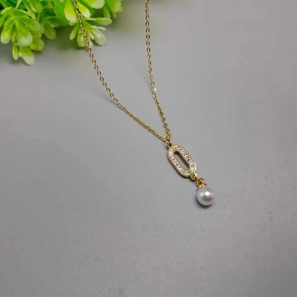 Stainless Steel Golden Chain With White Pearl