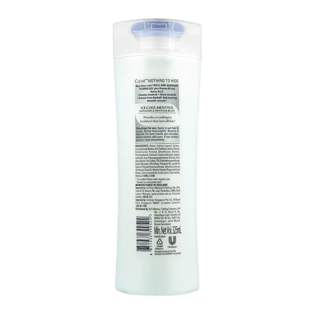 Clear Anti-Dandruff Ice Cool Menthol Shampoo, Thai, 330ml