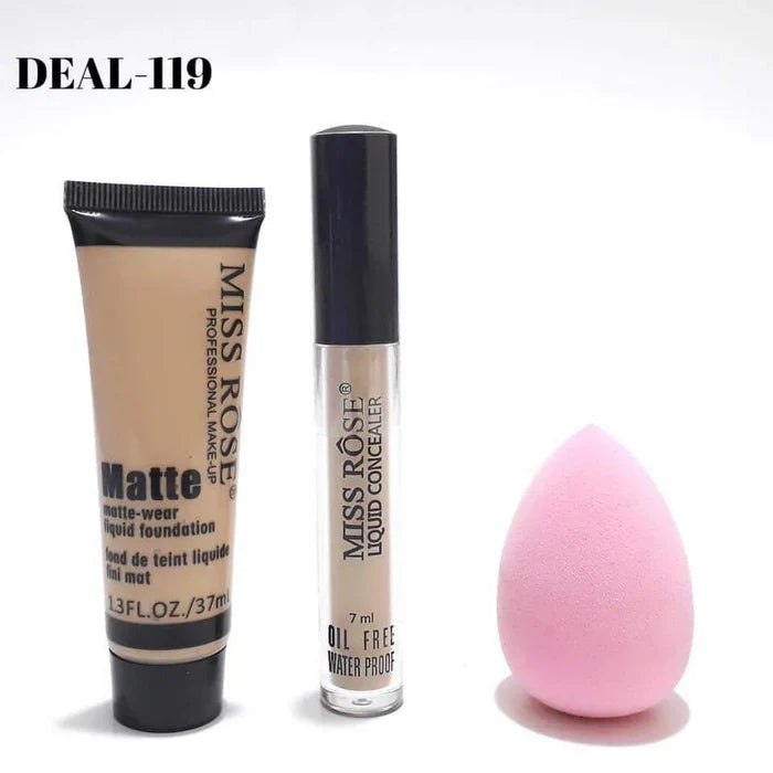 MISS ROSE Concealer , Matte Foundation And Blender - 3 Pcs Set