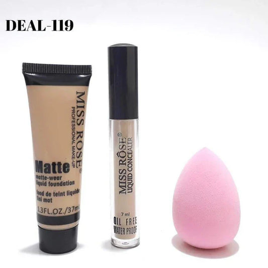 MISS ROSE Concealer , Matte Foundation And Blender - 3 Pcs Set