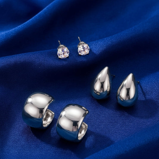3-pair set of minimalist silver-toned earrings