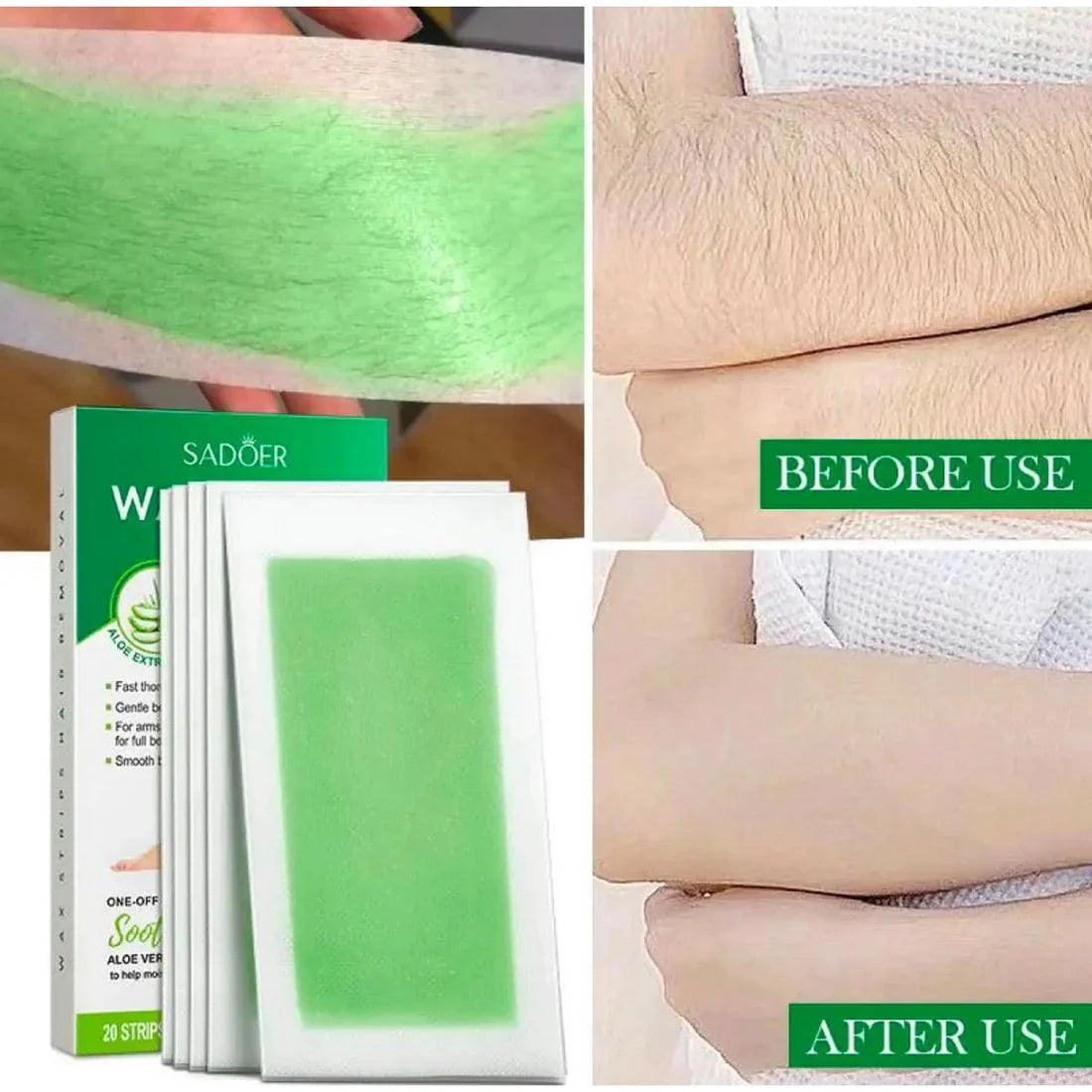 Sadoer Aloe Vera Hair Removal Wax Strips - 10 Double Sided Strips | Premium Skincare & Beauty Products in Pakistan
