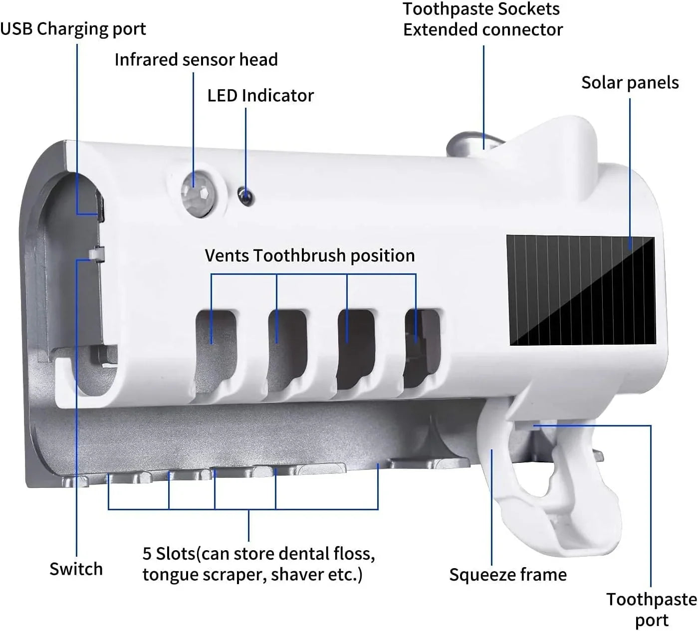 UV Toothbrush Sterilizer/Rechargeable Solar Power LED Disinfection Wall Mounted Toothbrush Holder