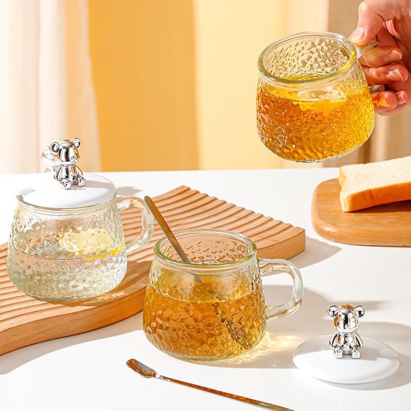 Cute Glass Coffee Mug Milk Cup With Spoon And Cartoon Bear Silicone Lid