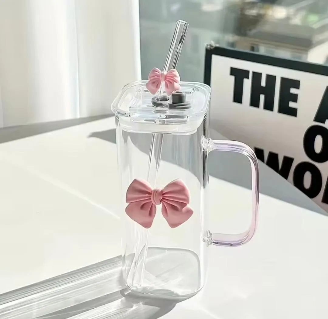 Square Glass Tumbler with Double Bows & Straw – Elegant Drinkware