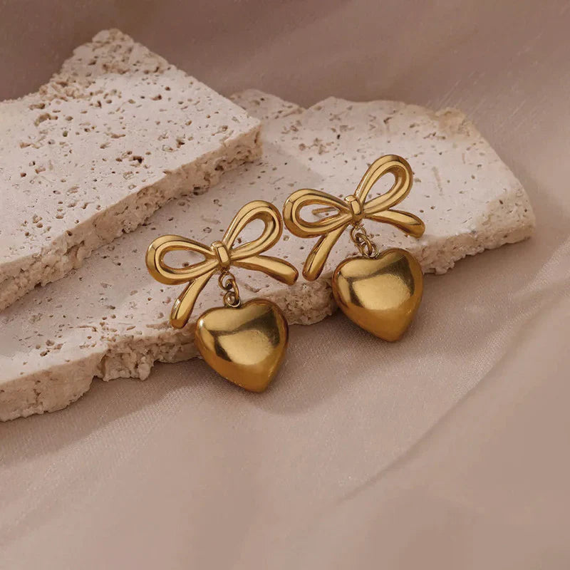 Stainless Steel Bow and Heart Drop Earrings