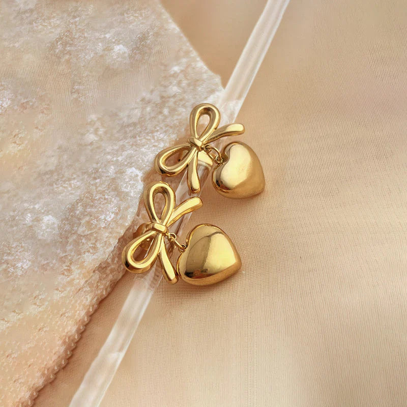 Stainless Steel Bow and Heart Drop Earrings