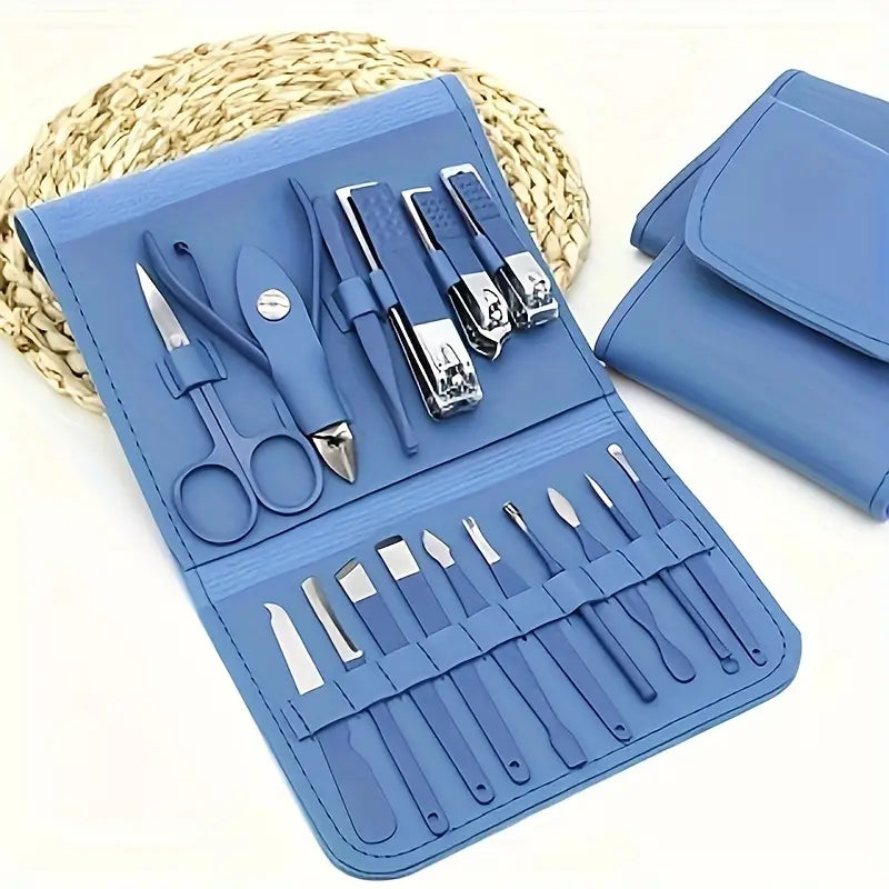 Professional Portable Manicure Pedicure Tool Kit With Folding Case - 16Pcs