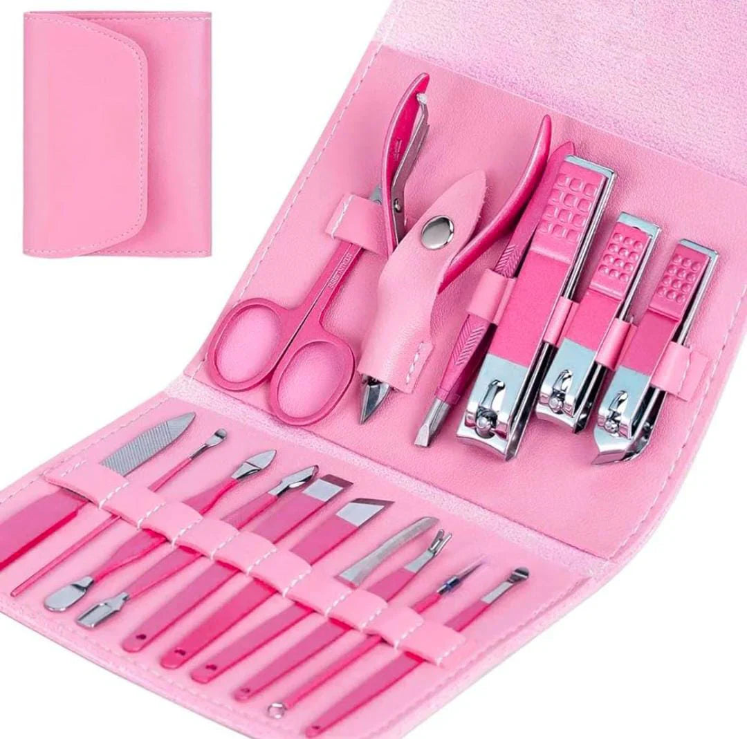 Professional Portable Manicure Pedicure Tool Kit With Folding Case - 16Pcs