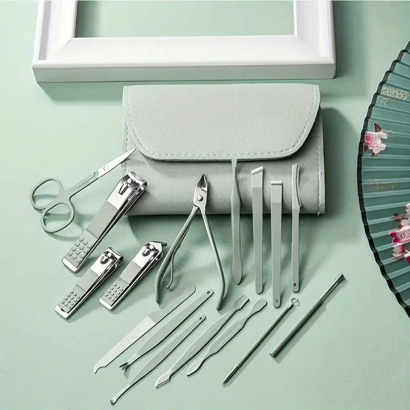 Professional Portable Manicure Pedicure Tool Kit With Folding Case - 16Pcs