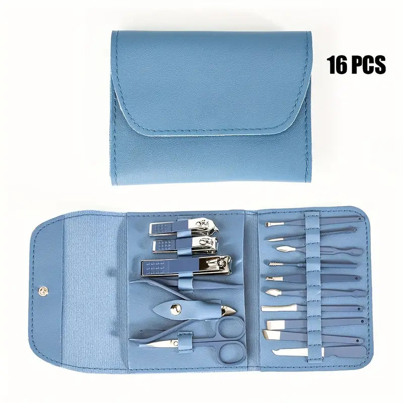Professional Portable Manicure Pedicure Tool Kit With Folding Case - 16Pcs