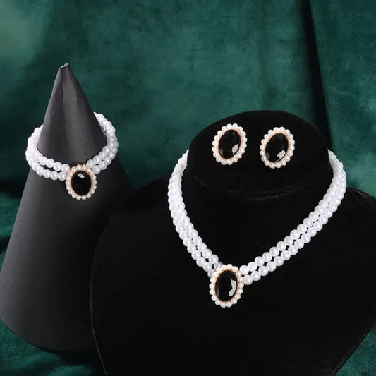Stone Pearl Combo Jewelry Set – Necklace, Stud Earrings & Bracelet