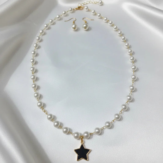 Elegant Star Pendant Pearl Necklace with Matching Earrings Set