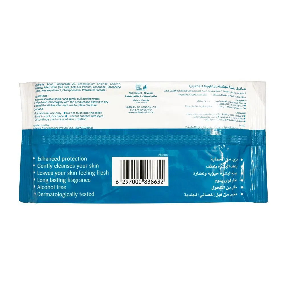 Yardley London Anti-Bacterial Skin Wipes – 40 Wipes | Premium Skincare & Beauty Products in Pakistan