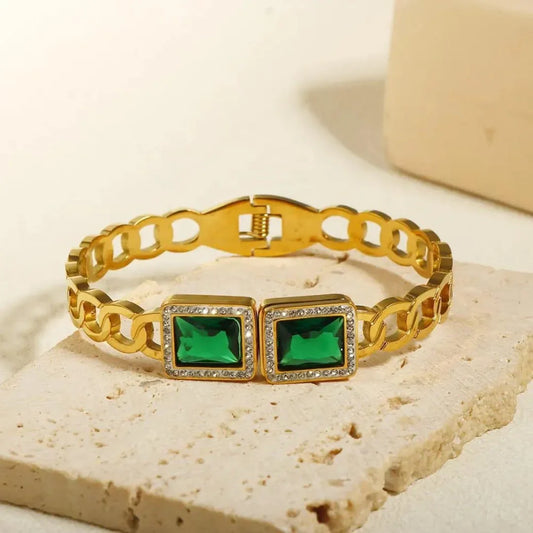 Big Green Square Crystal Zircon Bracelet – Bold Elegance with Luxurious Sparkle