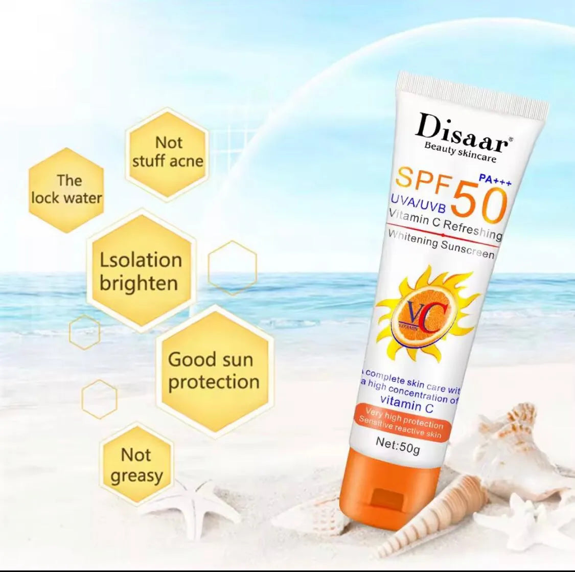 Disaar Sunscreen SPF50 PA+++ UVA/UVB Vitamin C Refreshing Protection Sensitive Skin – 50g | Premium Skincare & Beauty Products in Pakistan