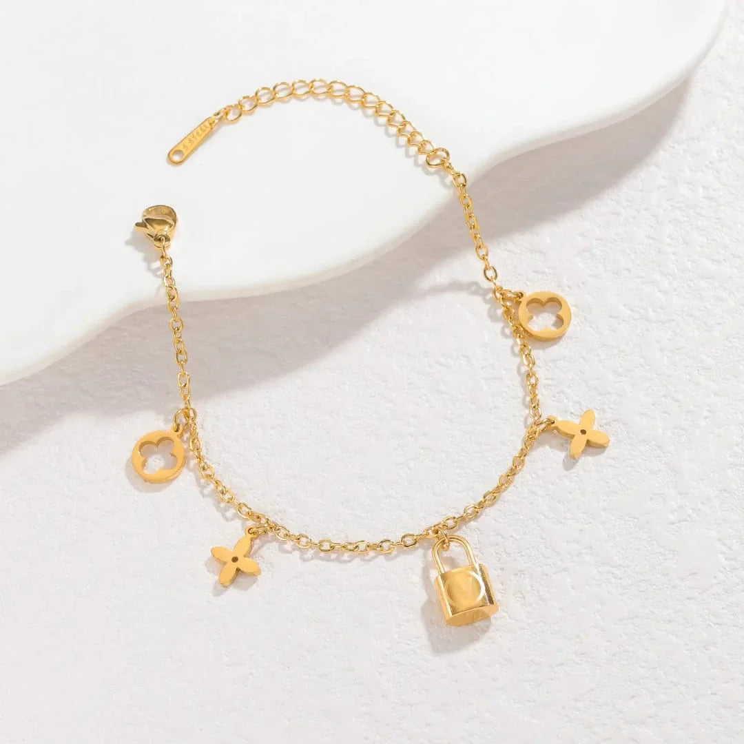 Stainless Steel Lock Charm Bracelet with Clover & Flower Design
