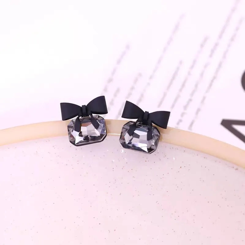 Elegant Black Crystal  Bow Knot Stud Earrings