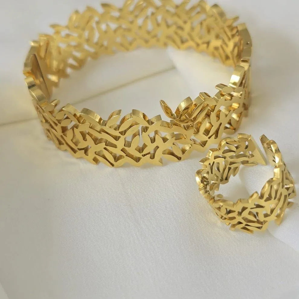 Stainless Steel Leaf-Inspired Cutout Design Cuff Bangle And Ring Set