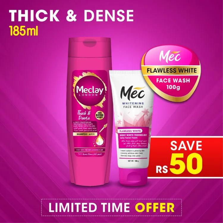 Mec Flawless White Face Wash - 100gm With Meclay London Shampoo Thick & Dense - 185ml (Save Rupees 50) | Premium Skincare & Beauty Products in Pakistan