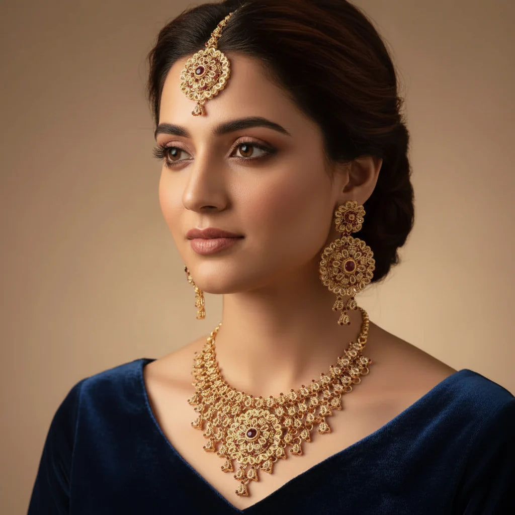 Rose Bridal Color Necklace Set with Earrings & Tikka