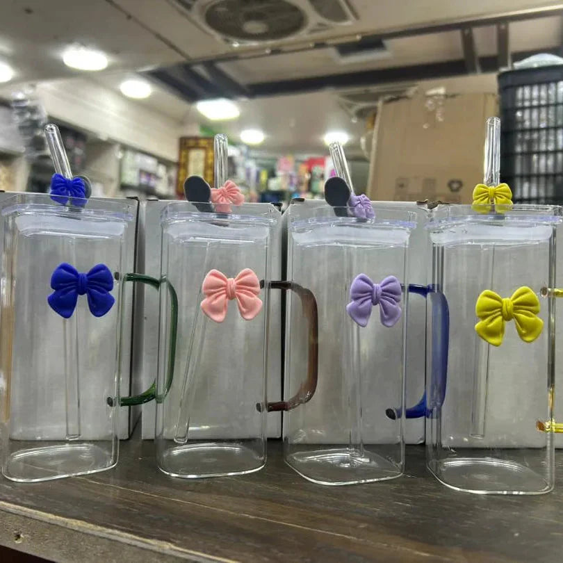 Square Glass Tumbler with Double Bows & Straw – Elegant Drinkware