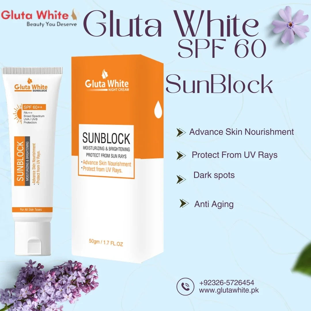 Gluta White Sun Block SPF-60 – 50gm | Premium Skincare & Beauty Products in Pakistan