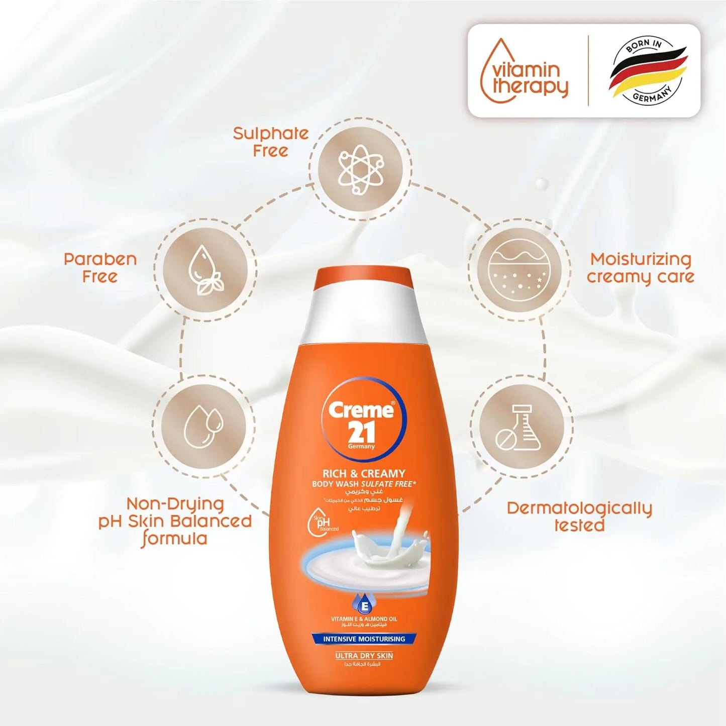 Crème 21 Rich & Creamy Moisturising Body wash,With Vit E & Almond Oil,Sulphate Free - 250ml
