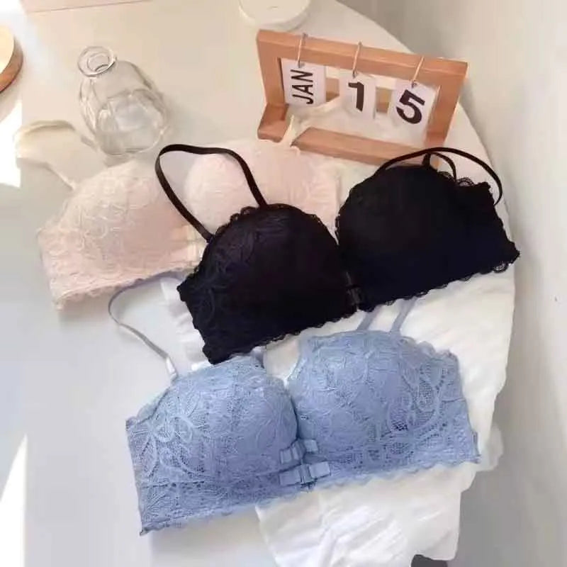 Double Layer Front Buckle Type Strapless Non Slip Small Chest Gathered Bra