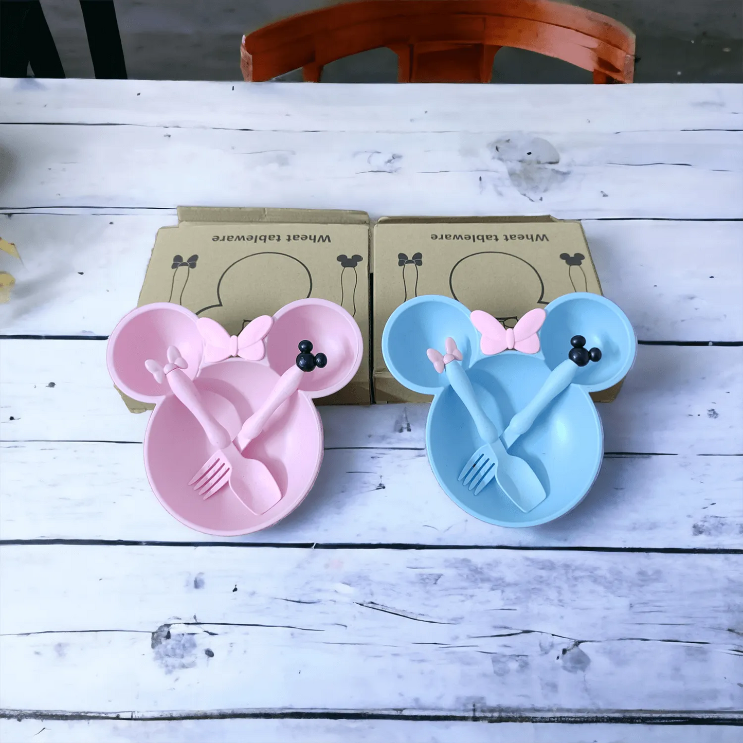 Mickey Shape Wheat Straw Plate Bowl Baby Training Set for Kids