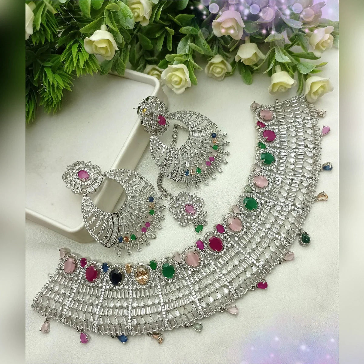 Zircon Necklace Set – Silver Multi Color Sparkle
