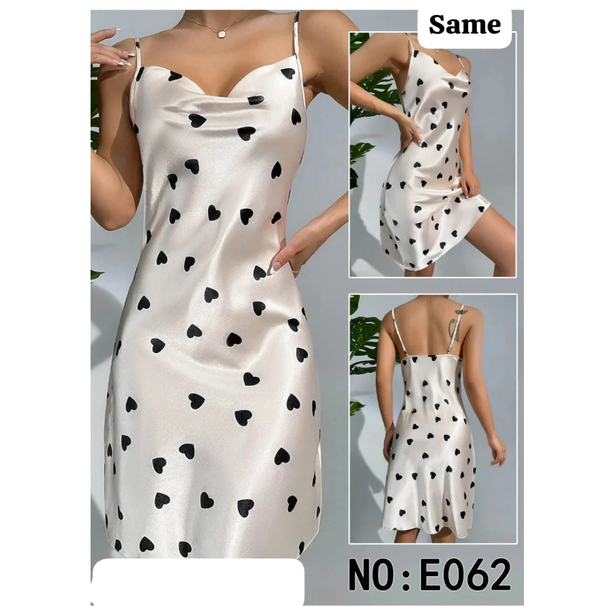 Heart Print Draped Collar Satin Cami Nightdress